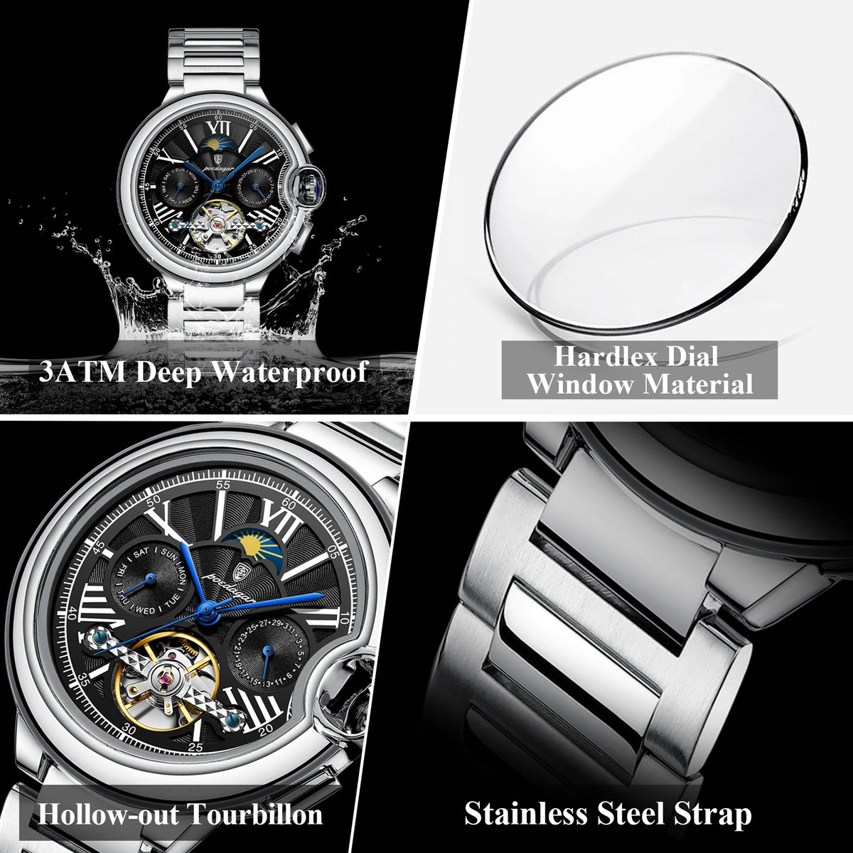 Poedagar 1413 Luxury Automatic Mechanical Watch Waterproof Luminous Wristwatch Stainless Steel Hollow Tourbillon Watch for Men