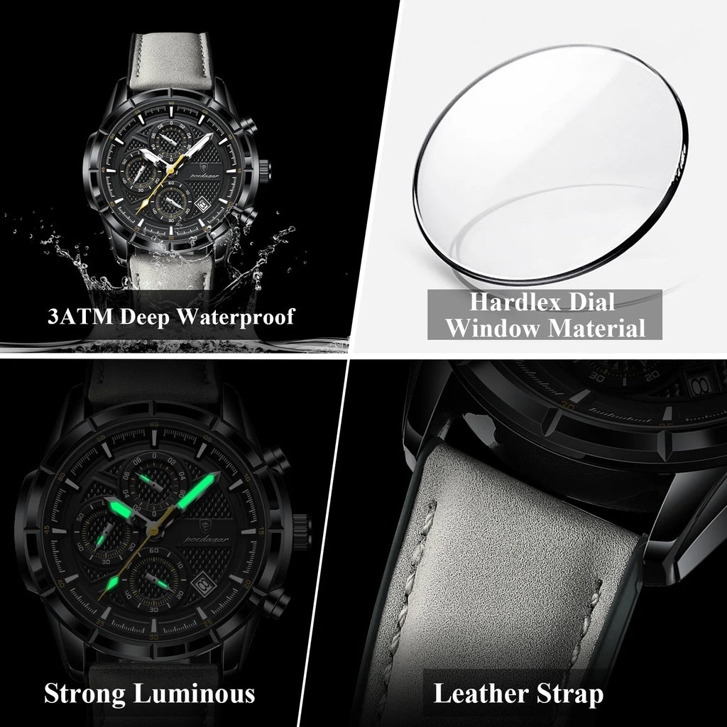 Poedagar 692 Luxury Mens Quartz Watch Sports Luminous Chronograph Montre Homme Genuine Leather Strap Waterproof Watch for Men