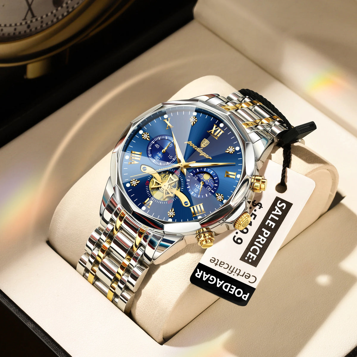 Poedagar 938 Men's Luxury Stainless Steel Chronograph Quartz Watch Waterproof Luminous with 42mm Alloy Dial Watch for Men
