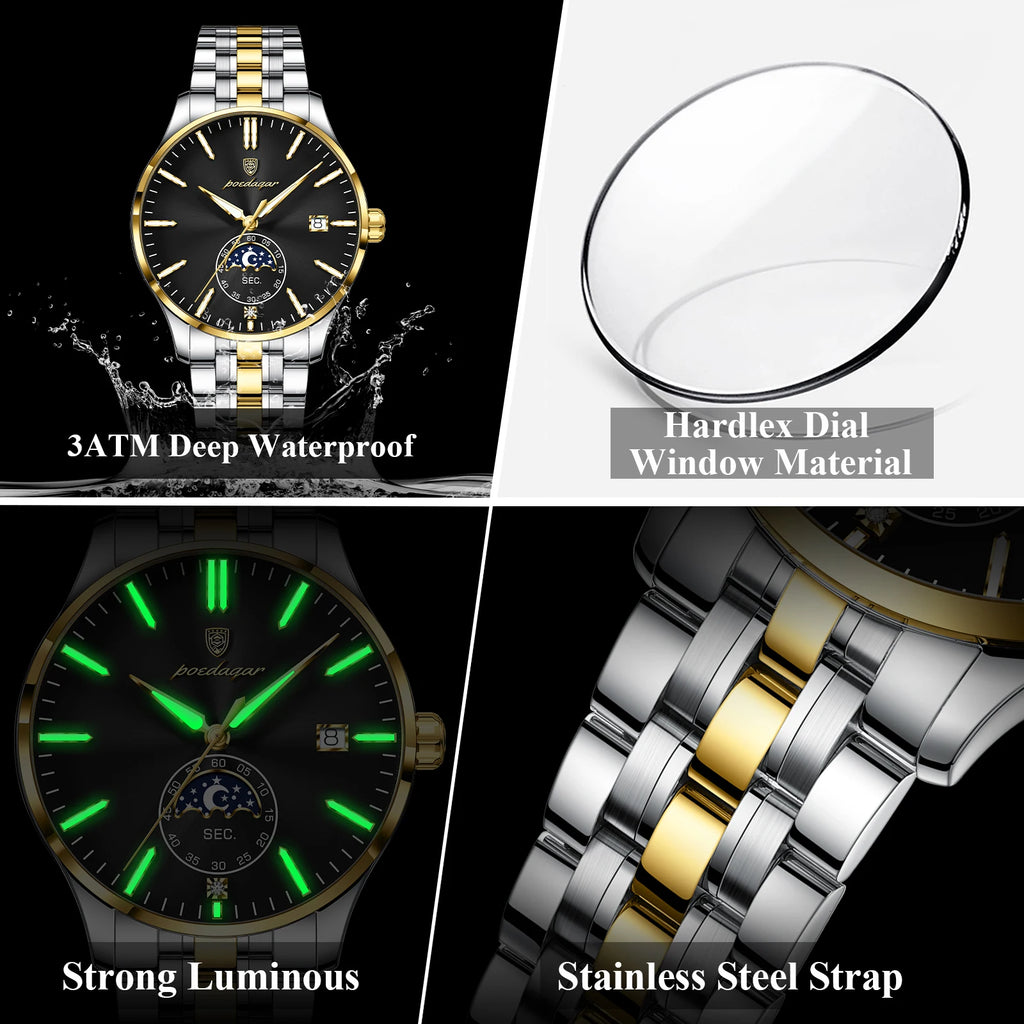 Poedagar 854 Luxury Mens Wristwatch Moon Phase Calendar Watch Stainless Steel Bracelet Montre Waterproof Business Watch for Men