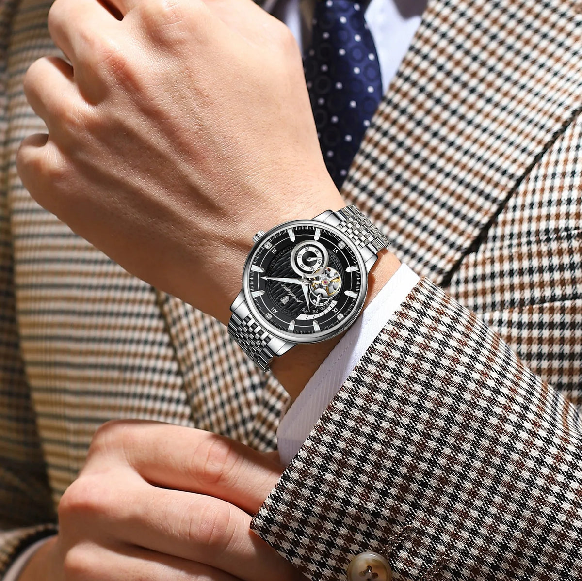 Poedagar 1416 Men Mechanical Watch Automatic Skeleton Dial Stainless Steel Waterproof Business Watch Wholesale Price in Stock