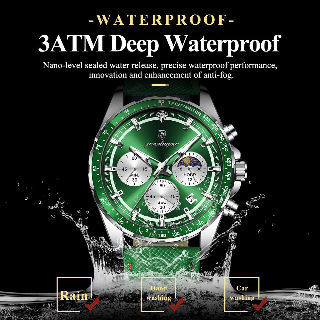 Poedagar 879 Men's Watch Luxury Genuine Leather Strap Chronograph Quartz Watches Montre Luminous Waterproof Sport Watch for Men