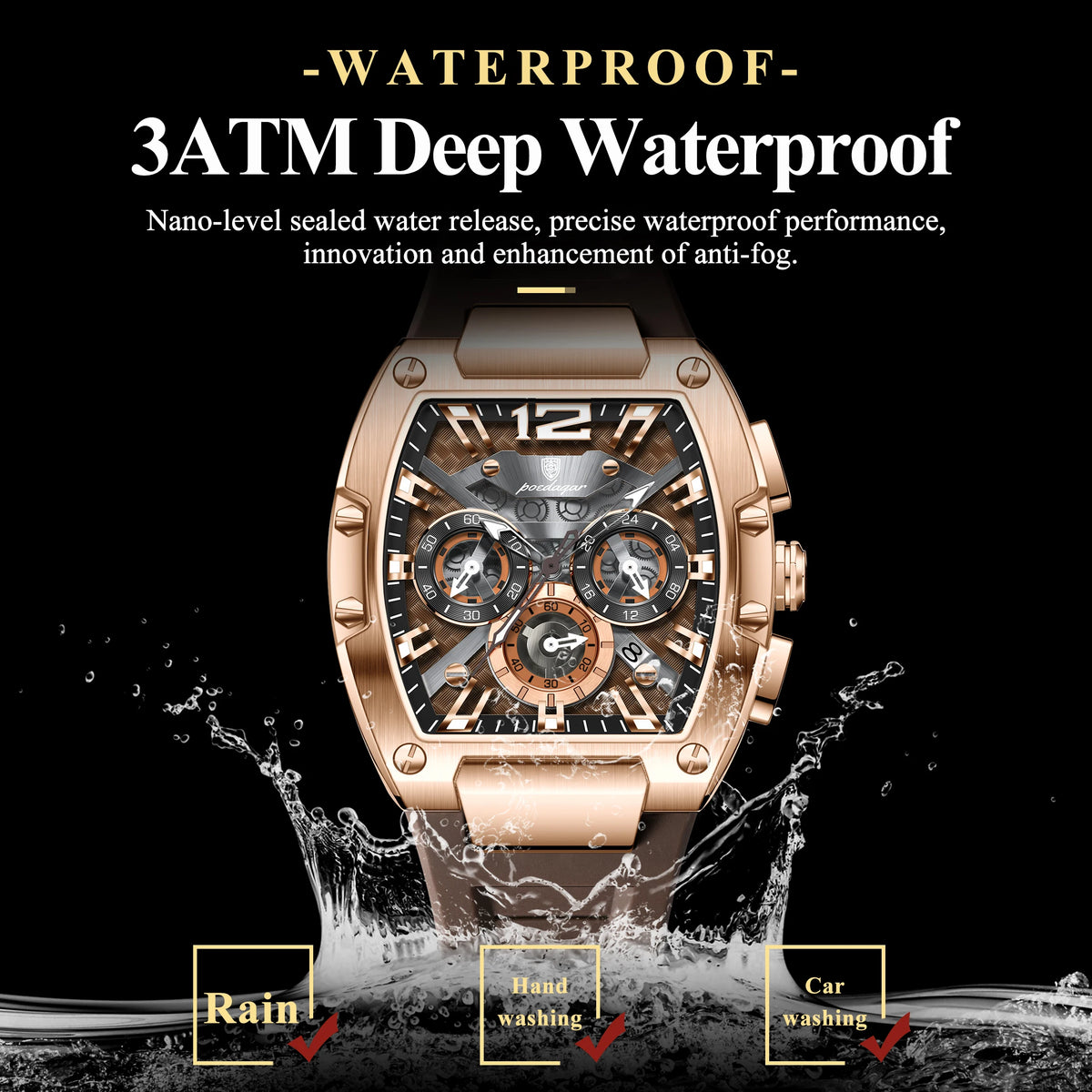 Poedagar 9051 Luxury Sport Men's Chronograph Alloy Case Square Dial Silicone Strap 3BAR Water Resistant Quartz Watch