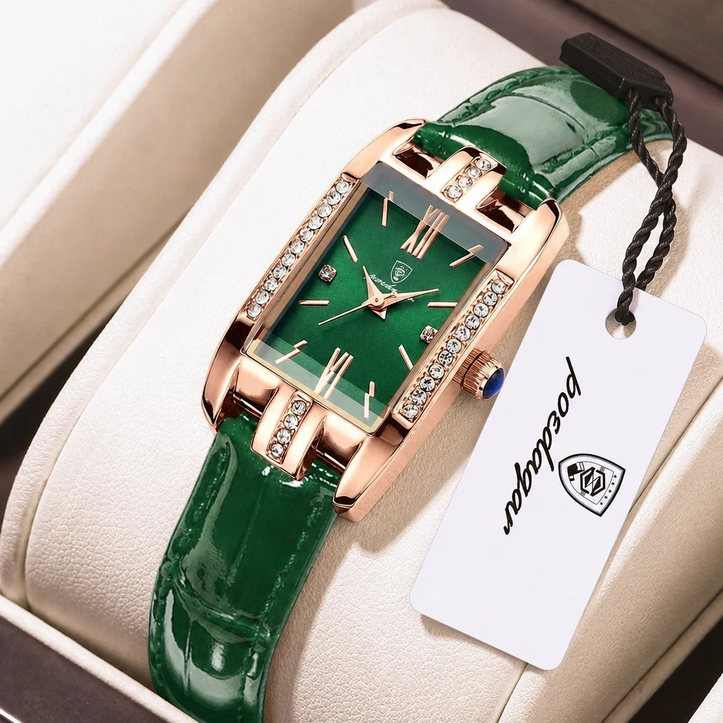 Poedagar Green square Ladies Watches Waterproof Watch Women Luxury Diamond Quartz Watches for Women