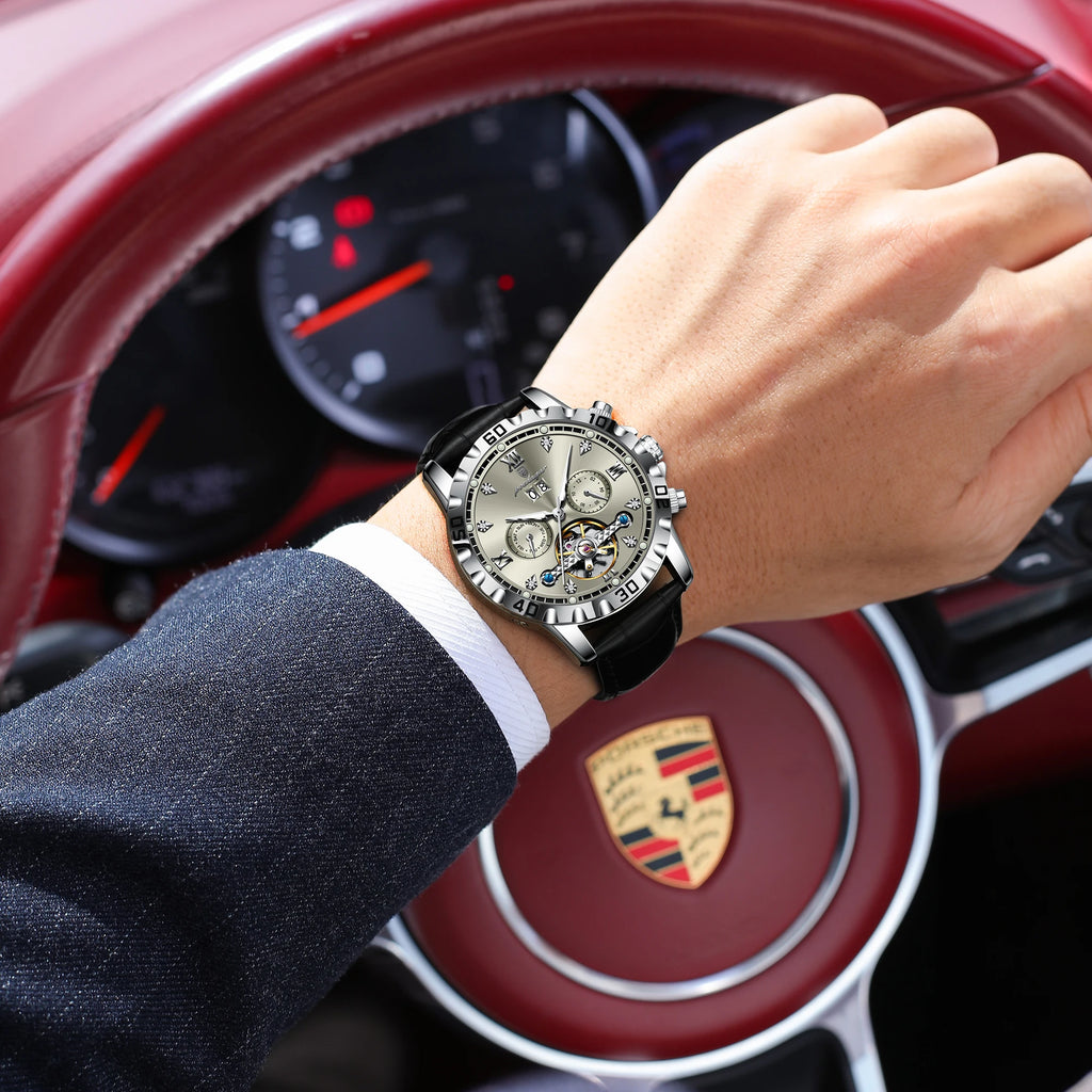 Poedagar 1418 Luxury Automatic Men Wristwatch Leather Hollow Tourbillon Mechanical Watch
