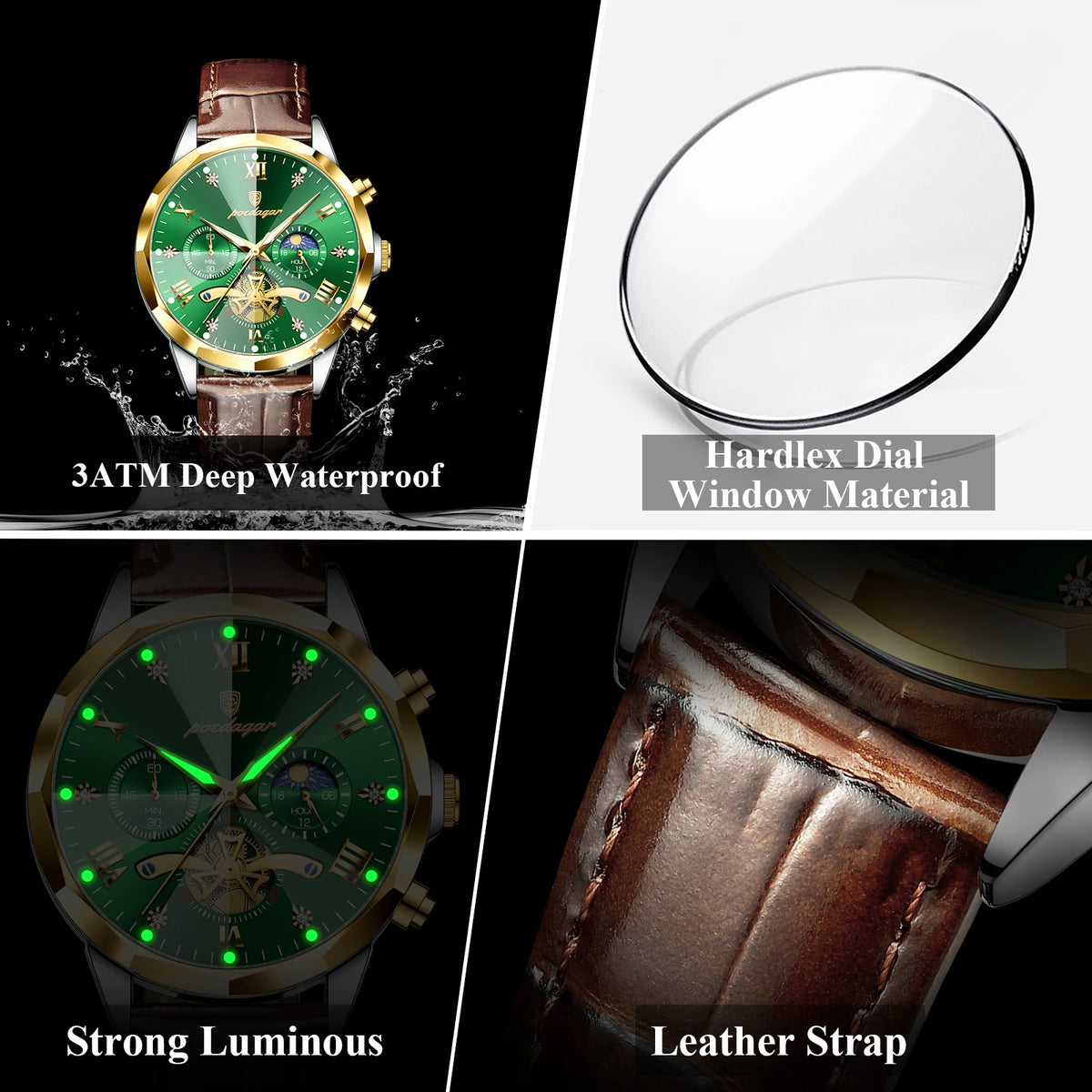 Poedagar 938 Men's Watch Luxury Two-Tone Leather Strap Montre Homme Chronograph Quartz Watches Luminous Waterproof Watch for Men