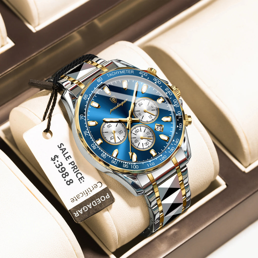 Poedagar 815 Luxury Stainless Steel Men Quartz Watches Waterproof Luminous Chronograph Watch for Men