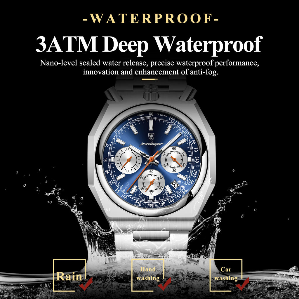 Poedagar 897 Mens Quartz Watches Luxury Business Watch Reloj Waterproof Luminous Chronograph Stainless Steel Wristwatch for Men