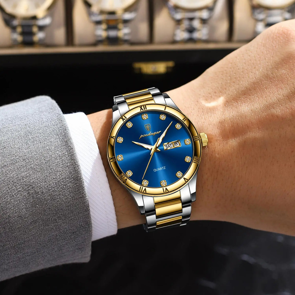 Poedagar 878 Stainless Steel Bracelet Reloj Gold Dial Men Watches Waterproof Luminous Quartz Watches for Men
