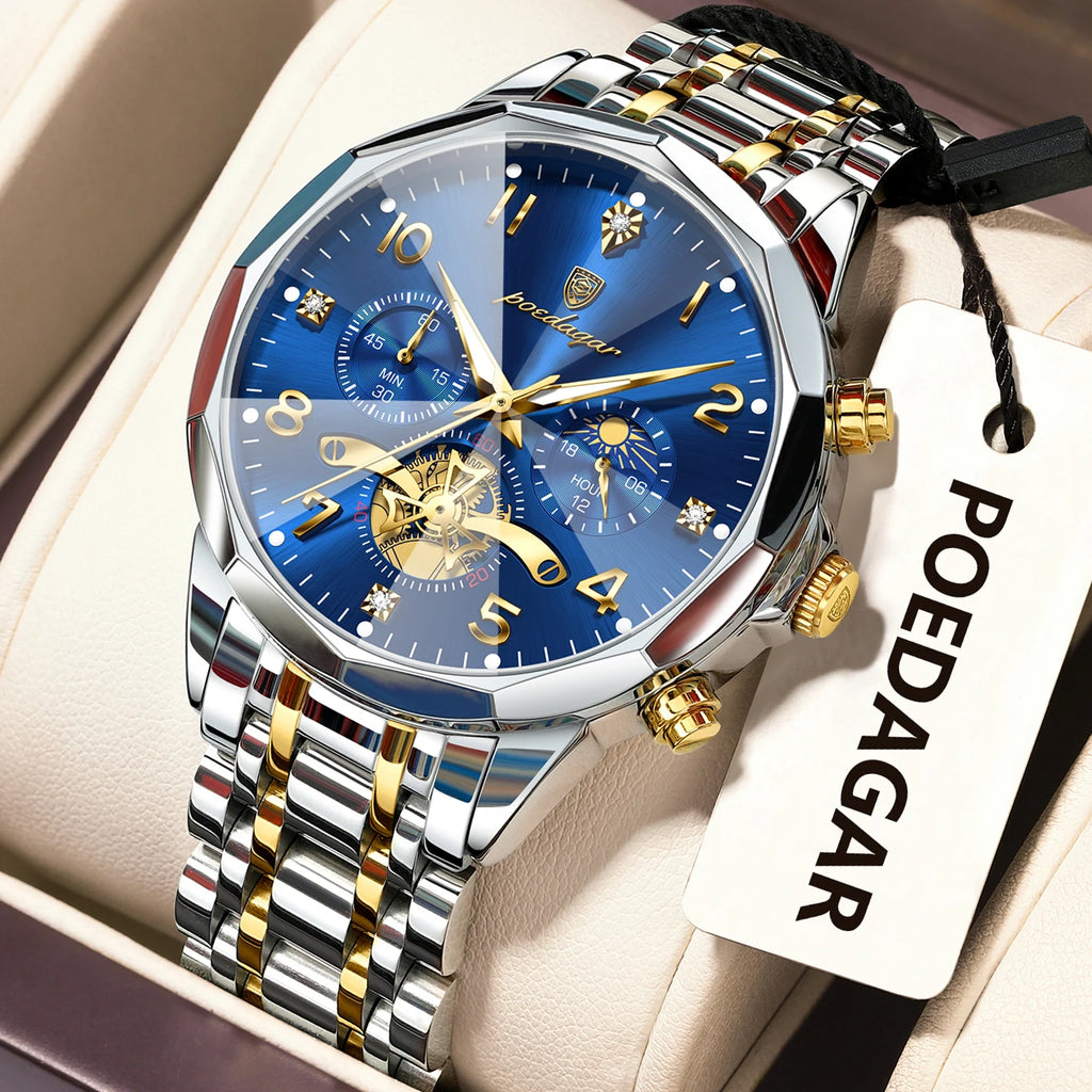 Poedagar 939 Men's Luxury Stainless Steel Chronograph Quartz Watch Waterproof Luminous Watch for Men