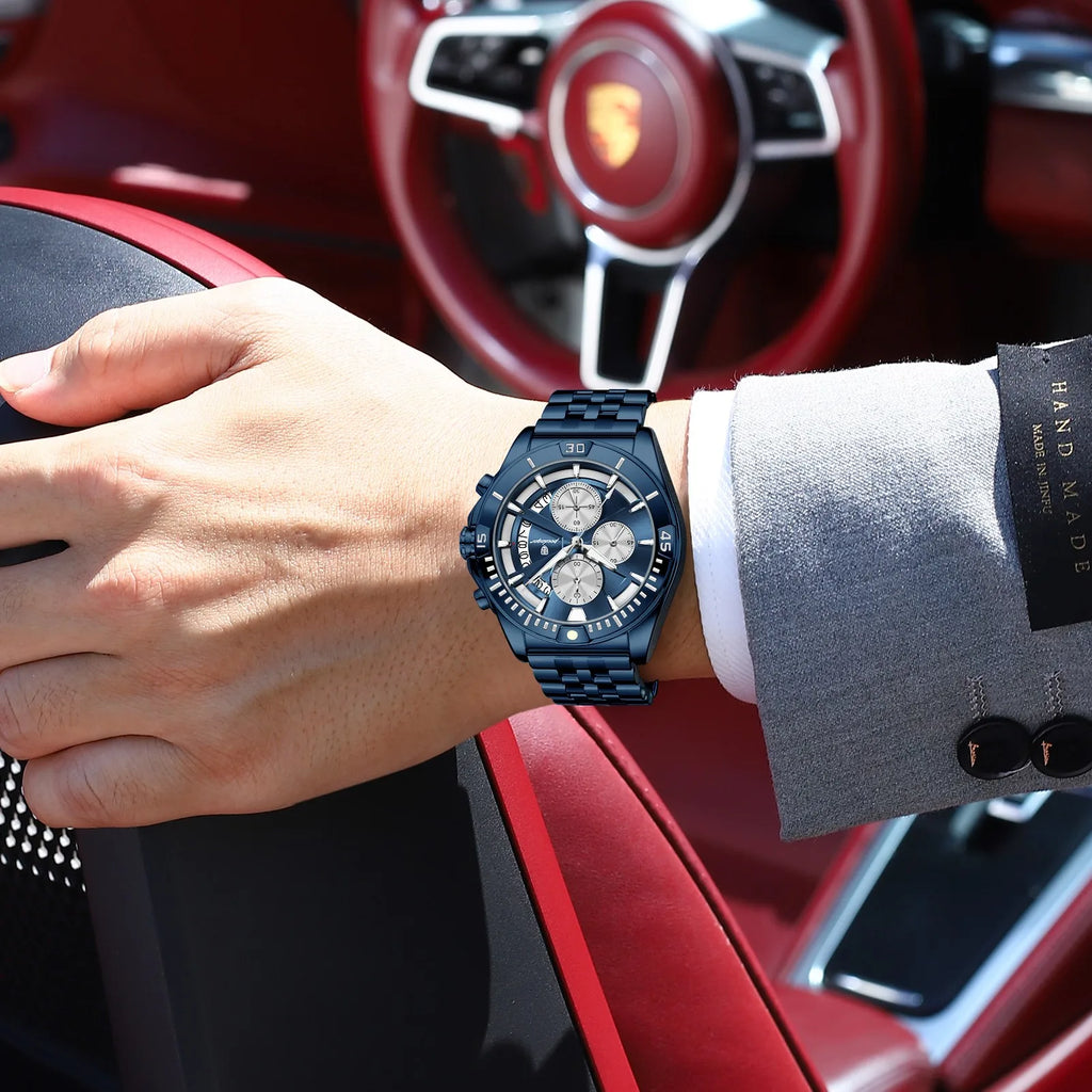 Poedagar 695 Men's Chronograph Watch Stainless Steel Waterproof Sport Daily Wear Casual Luminous Chronograph Montre Homme