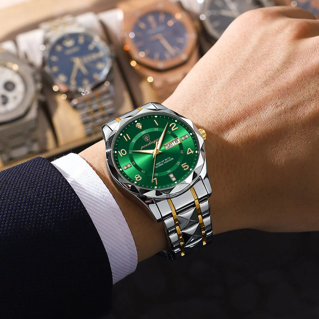 Poedagar 858 Luxury Men's Watch Date Week Stainless Steel Quartz Watches Moissanite Montre Waterproof Luminous Watches for Men