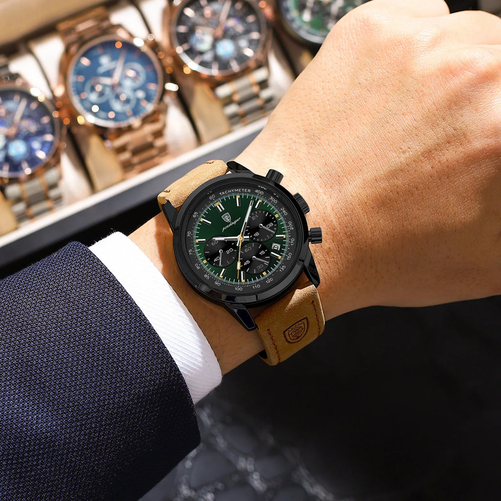 Poedagar 921 Luxury Men's Watch Chronograph Leather Strap Reloj Waterproof Luminous Fashion Sports Quartz Watches for Men