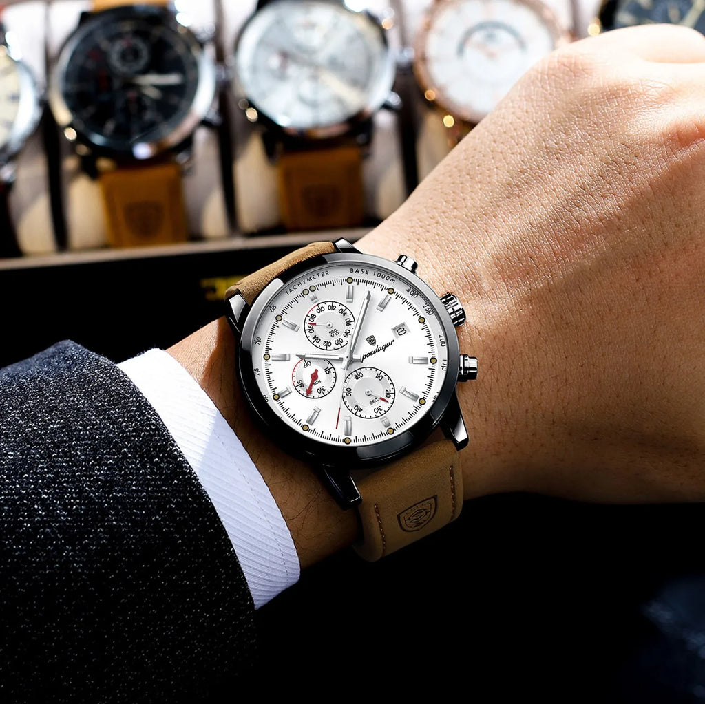 Poedagar 932 Men's Watch Luxury Leather Strap Chronograph Waterproof Quartz Watches Luminous Wristwatch for Men Reloj Wholesale