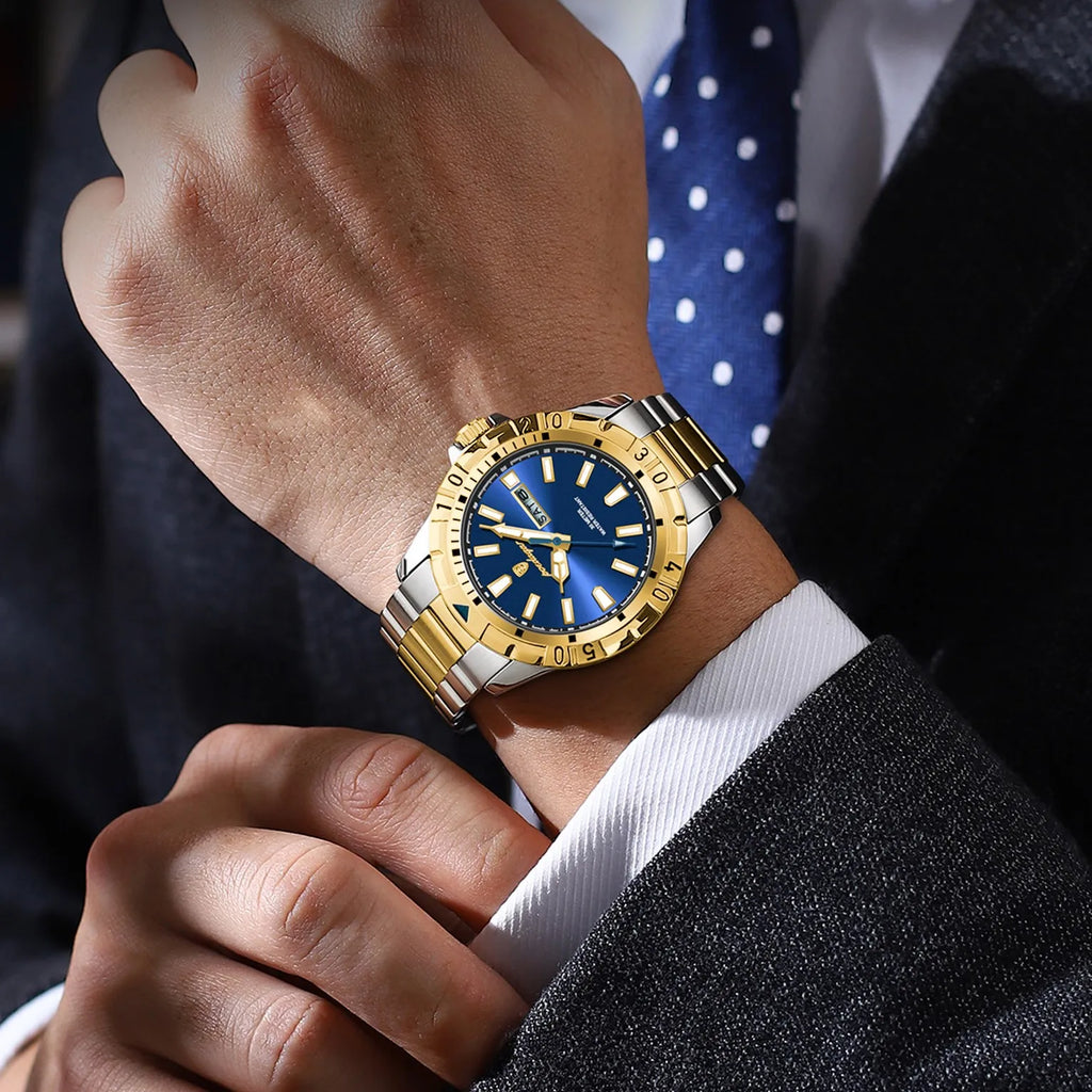 Poedagar 959 Men's Quartz Watch Two-Tone Stainless Steel Business Wristwatch Herrenuhr Waterproof Luminous Date Watch for Men