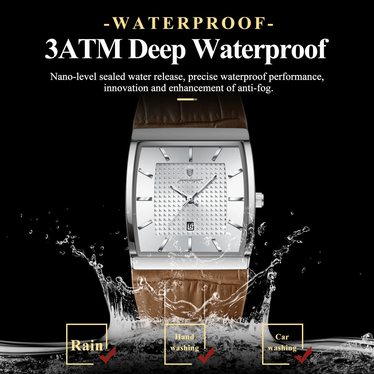 Poedagar 885 Luxury Mens Watch Elegant Leather Strap Square Business Quartz Wristwatch Waterproof Factory Direct Ready to Ship