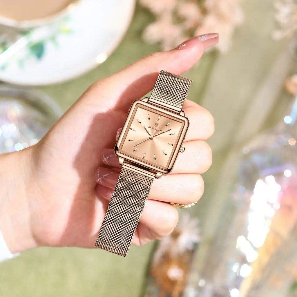 Poedagar Factory Wholesale Rose Gold Square Dial Women Quartz Watch Luxury Stainless Steel Mesh Belt Waterproof Ladies Watch