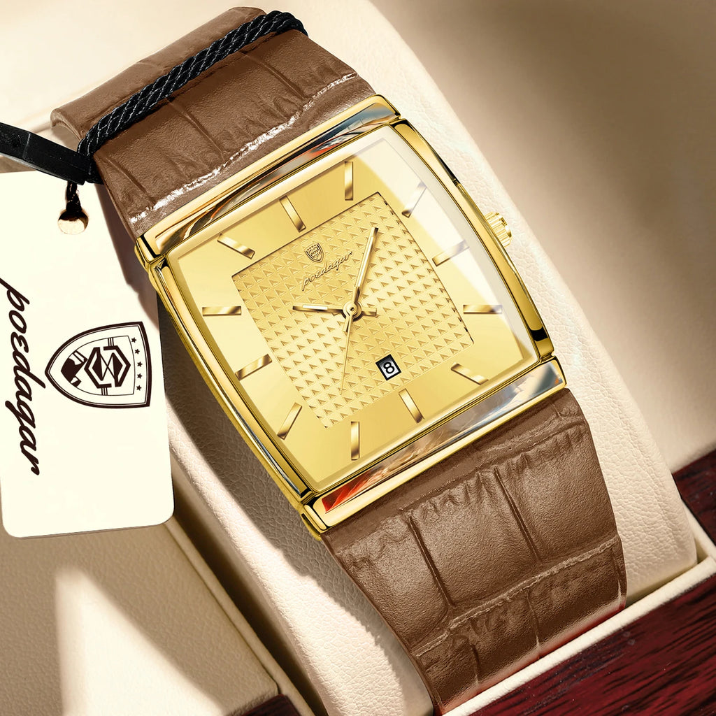 Poedagar 885 Luxury Men Watch Fully Gold Leather Strap Square Quartz Wristwatch Business Waterproof Factory Direct Ready to Ship