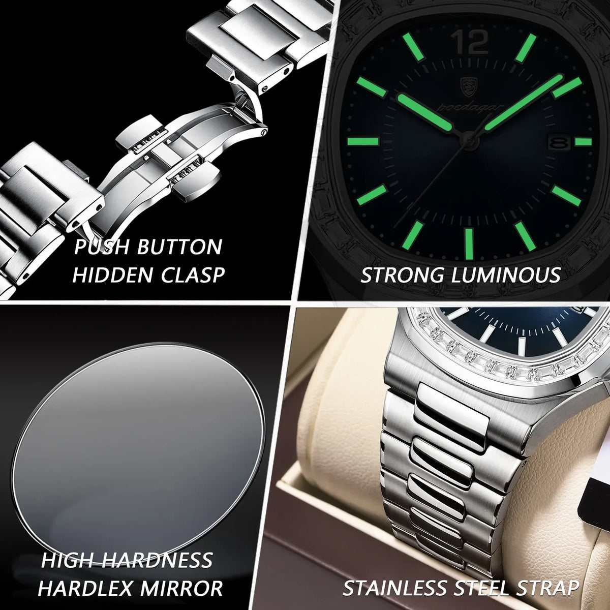 Poedagar Luxury Men Quartz Watch Fashion Square Reloj Waterproof Luminous Date Stainless Steel Watch for Men