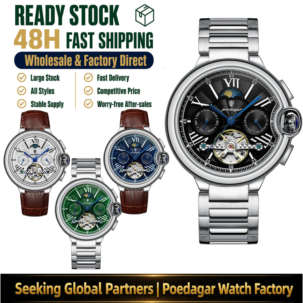 Poedagar 1413 Luxury Automatic Mechanical Watch Waterproof Luminous Wristwatch Stainless Steel Hollow Tourbillon Watch for Men