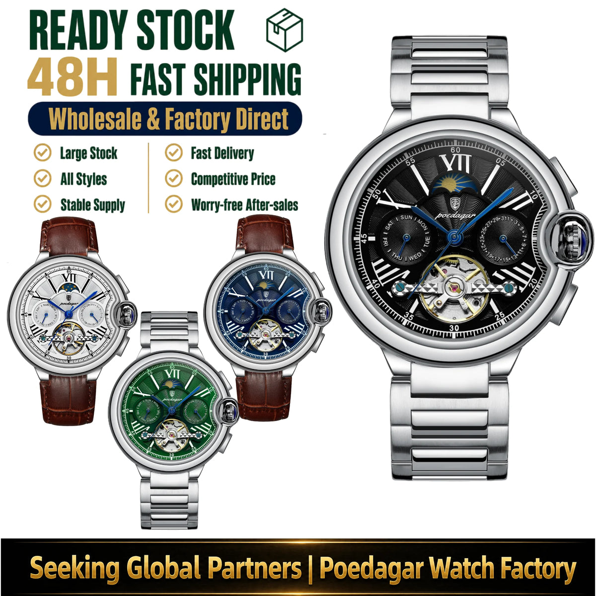 Poedagar 1413 Luxury Automatic Mechanical Watch Waterproof Luminous Wristwatch Stainless Steel Hollow Tourbillon Watch for Men