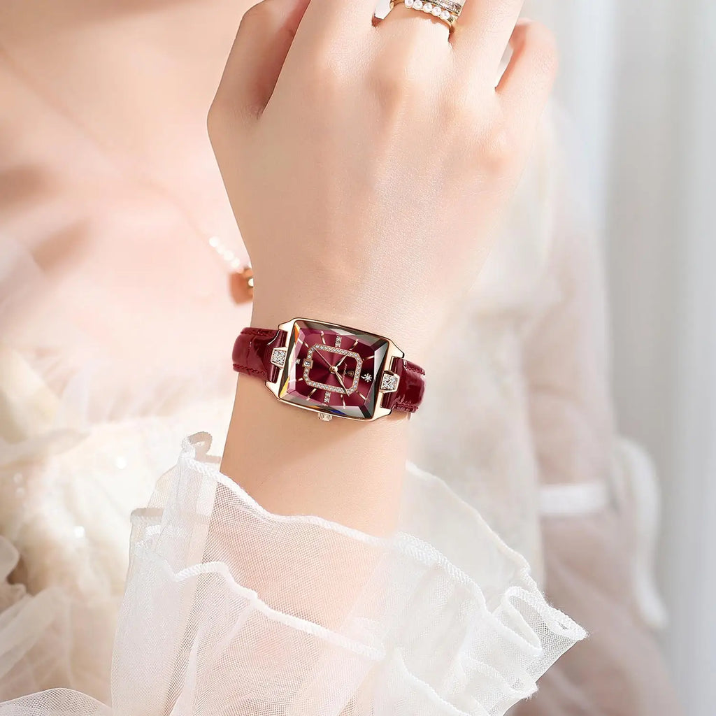 Poedagar 785 Square Shape Crystal Clock for Girl Luxury Leather Band Waterproof Quartz Women Watch