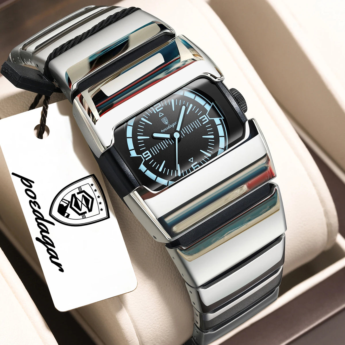 Poedagar 846 Luxury Men Square Quartz Watch Stainless Steel Strap Hardlex Glass 3ATM Waterproof Luminous Wrist Watch Wholesale