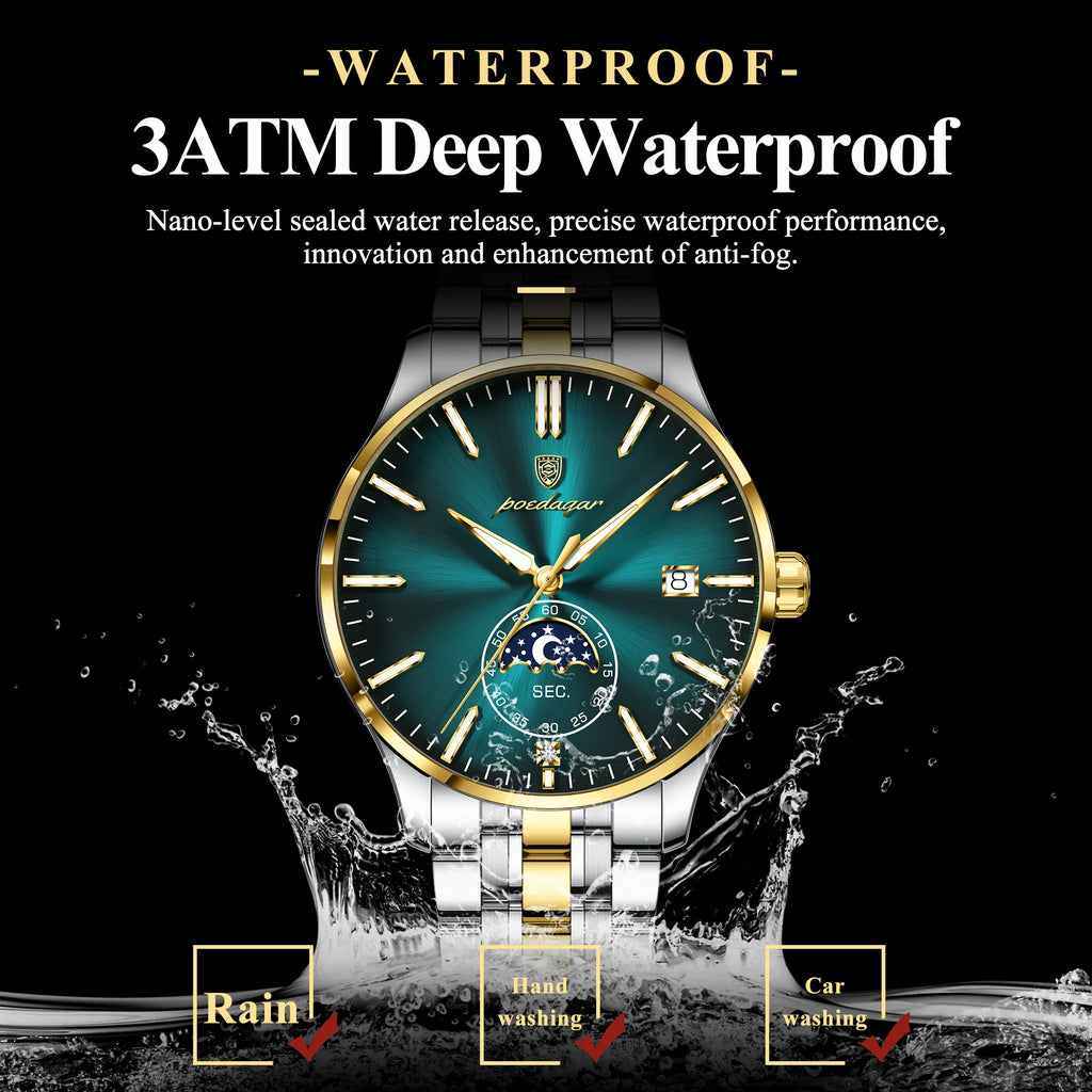 Poedagar 854 Luxury Mens Quartz Watch Stainless Steel Band Moon Phase Calendar Waterproof Business Wristwatch for Men
