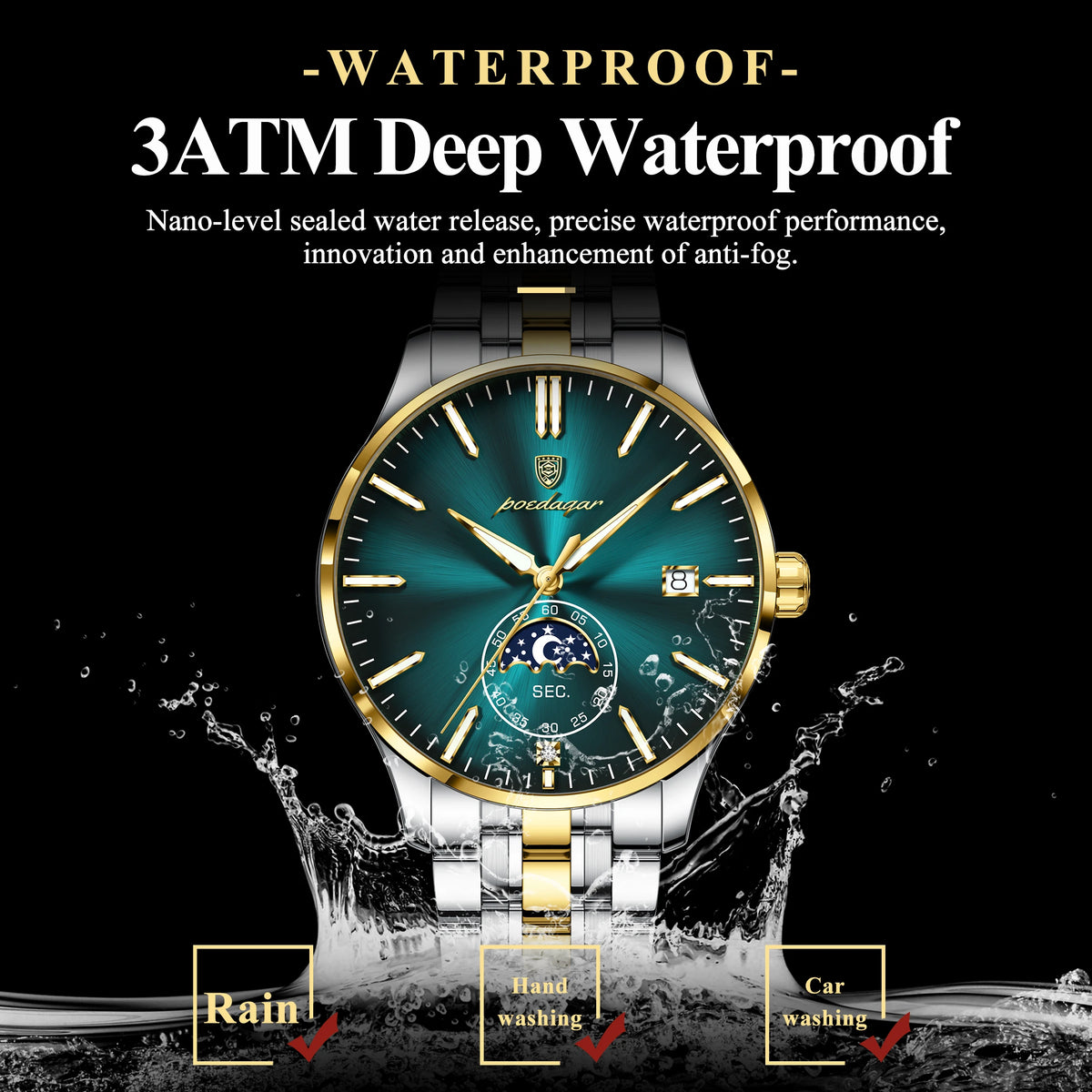 Poedagar 854 Luxury Mens Quartz Watch Stainless Steel Band Moon Phase Calendar Waterproof Business Wristwatch for Men