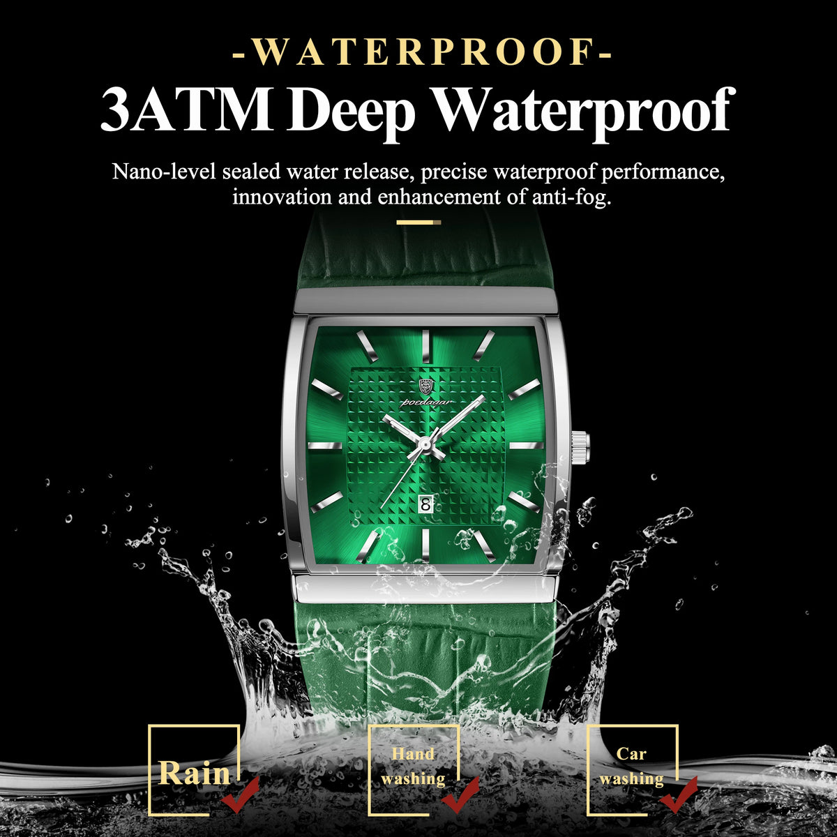 Poedagar 885 Luxury Mens Watch Leather Strap Green Dial Quartz Watches Business Waterproof Wristwatch for Men Factory Direct