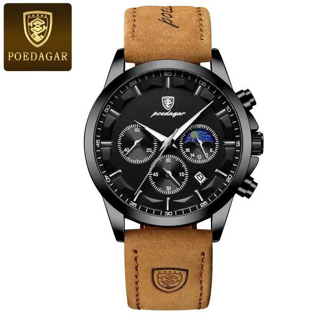 Poedagar Luxury Sports Leather Mens Watch Waterproof Luminous Quartz Watches Chronograph Watches for Men
