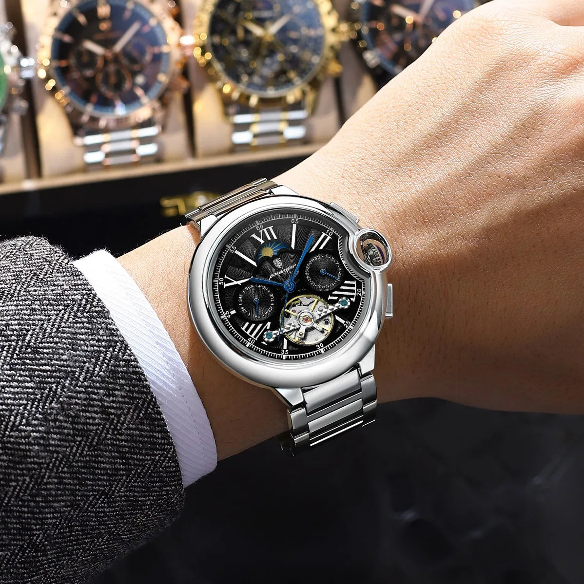 Poedagar 1413 Luxury Automatic Mechanical Watch Waterproof Luminous Wristwatch Stainless Steel Hollow Tourbillon Watch for Men