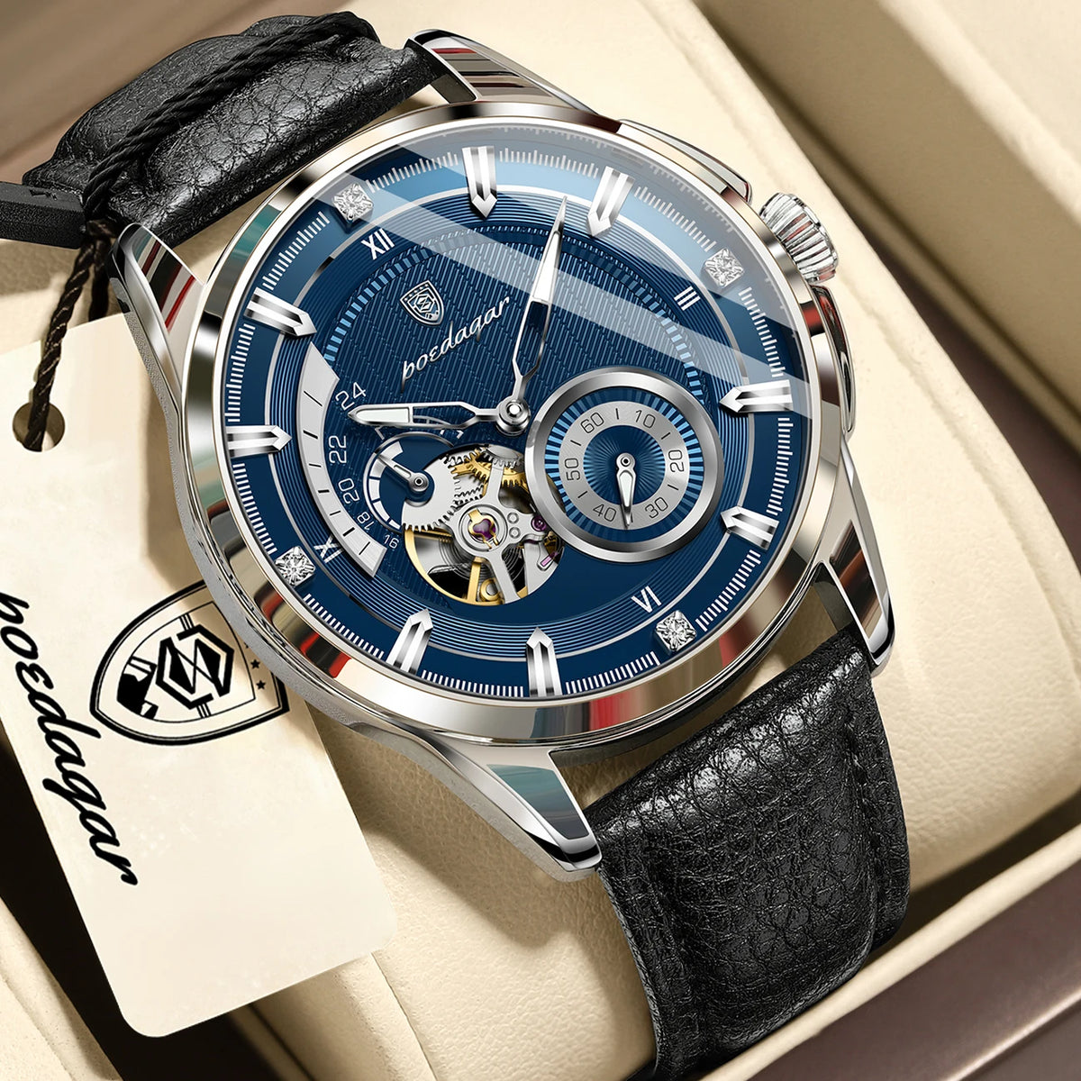 Poedagar 1427 Men Automatic Mechanical Watch Luxury Business Leather Band Luminous 3ATM Daily Waterproof Wristwatch for Men