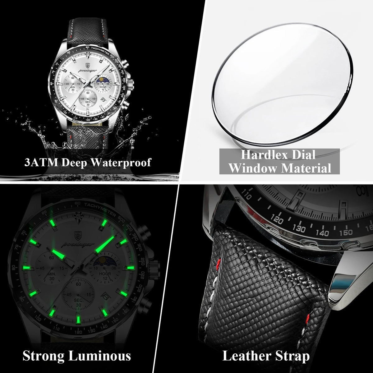 Poedagar 879 Reloj Waterproof Luminous Sport Genuine Leather Quartz Watch for Men