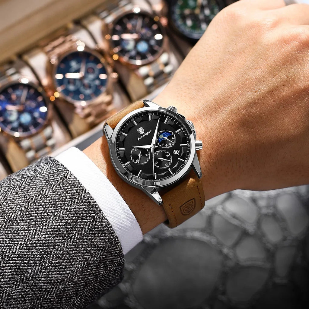 Ready to Ship POEDAGAR 928 Men Watch Luxury Moon Phase Chronograph Leather Strap Luminous Waterproof Watch for Men Montre Homme