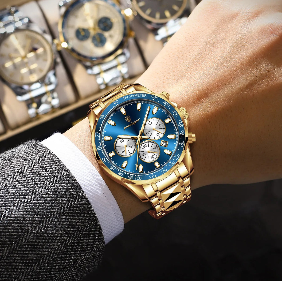 Poedagar 815 Men Watches Luxury Sport Tachymeter Chronograph 3-Eye Dial Stainless Steel Waterproof Wholesale Factory Direct