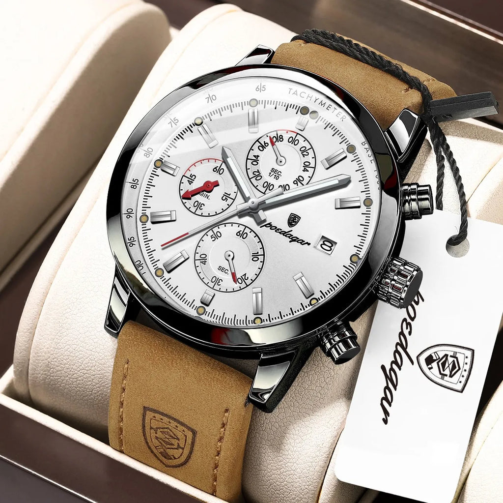 Poedagar 932 Men's Watch Luxury Leather Strap Chronograph Waterproof Quartz Watches Luminous Wristwatch for Men Reloj Wholesale