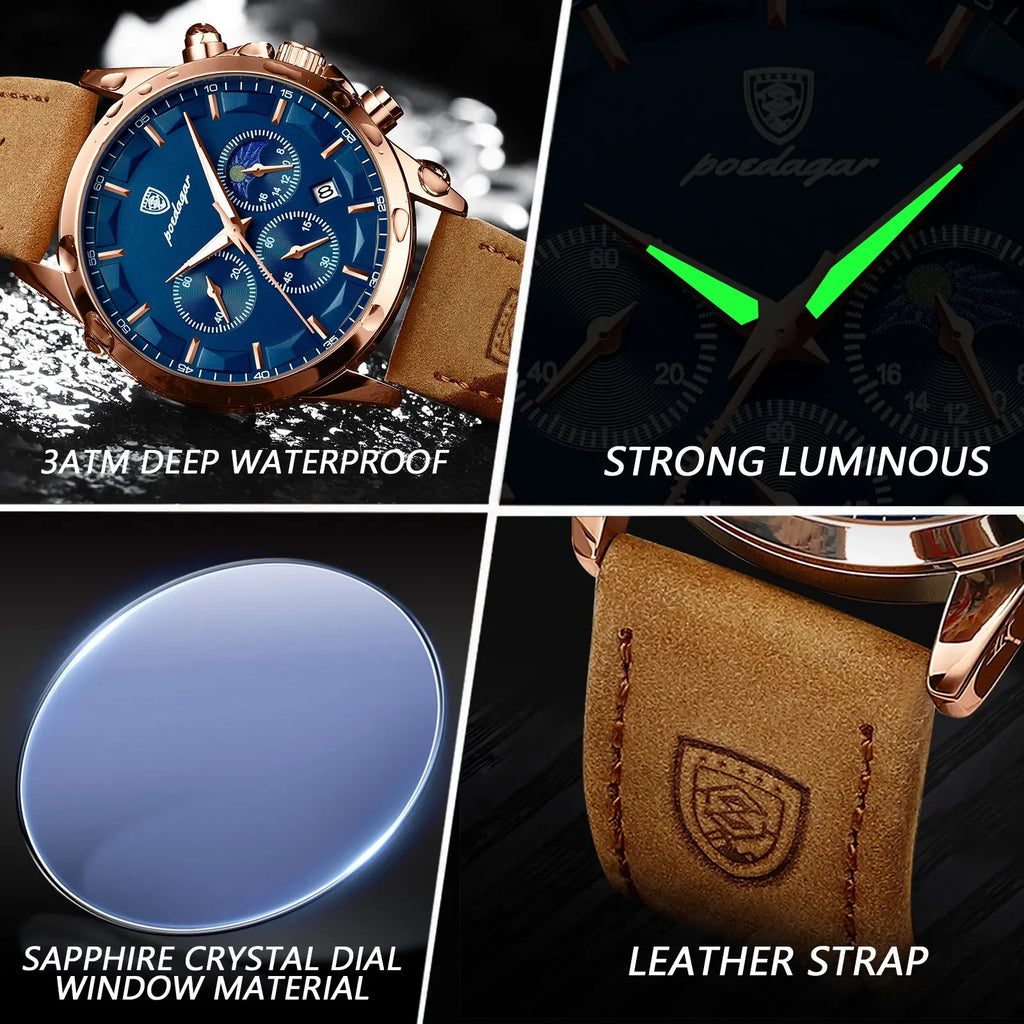 Poedagar 628 Mens Quartz Watch Chronograph Blue Dial Leather Strap Montre Waterproof Luminous Calendar Wrist Watch Sport Watches