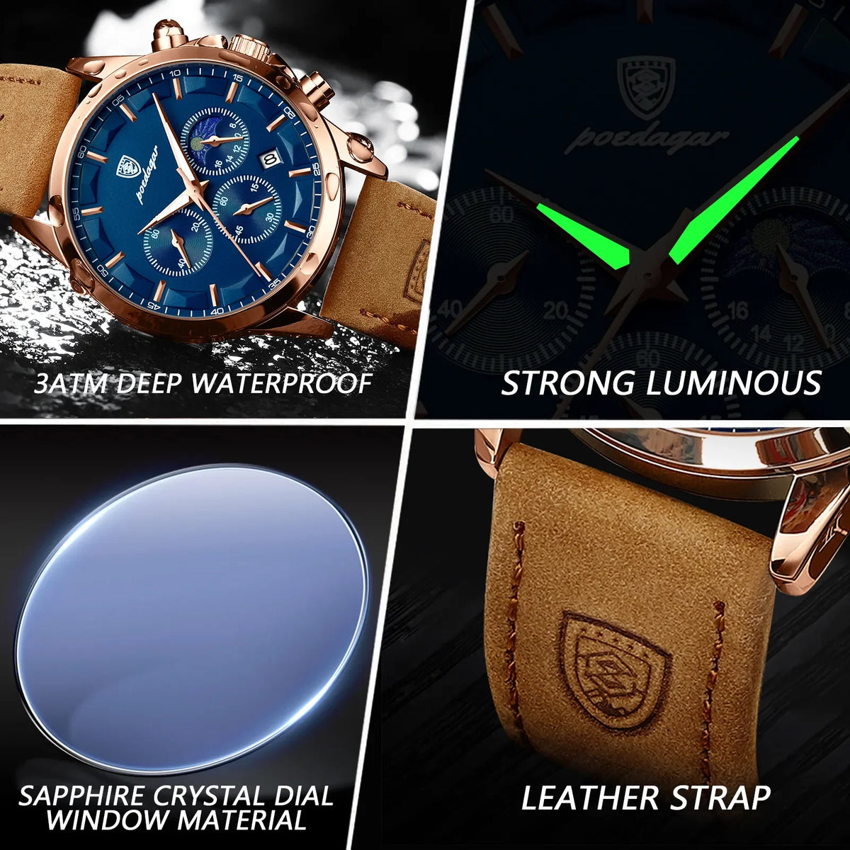 Poedagar 628 Mens Quartz Watch Chronograph Blue Dial Leather Strap Montre Waterproof Luminous Calendar Wrist Watch Sport Watches