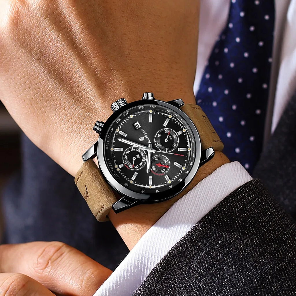 Poedagar 932 Luxury Men's Watch Leather Strap Waterproof Quartz Watches Luminous Chronograph Wristwatch for Men Montre Homme