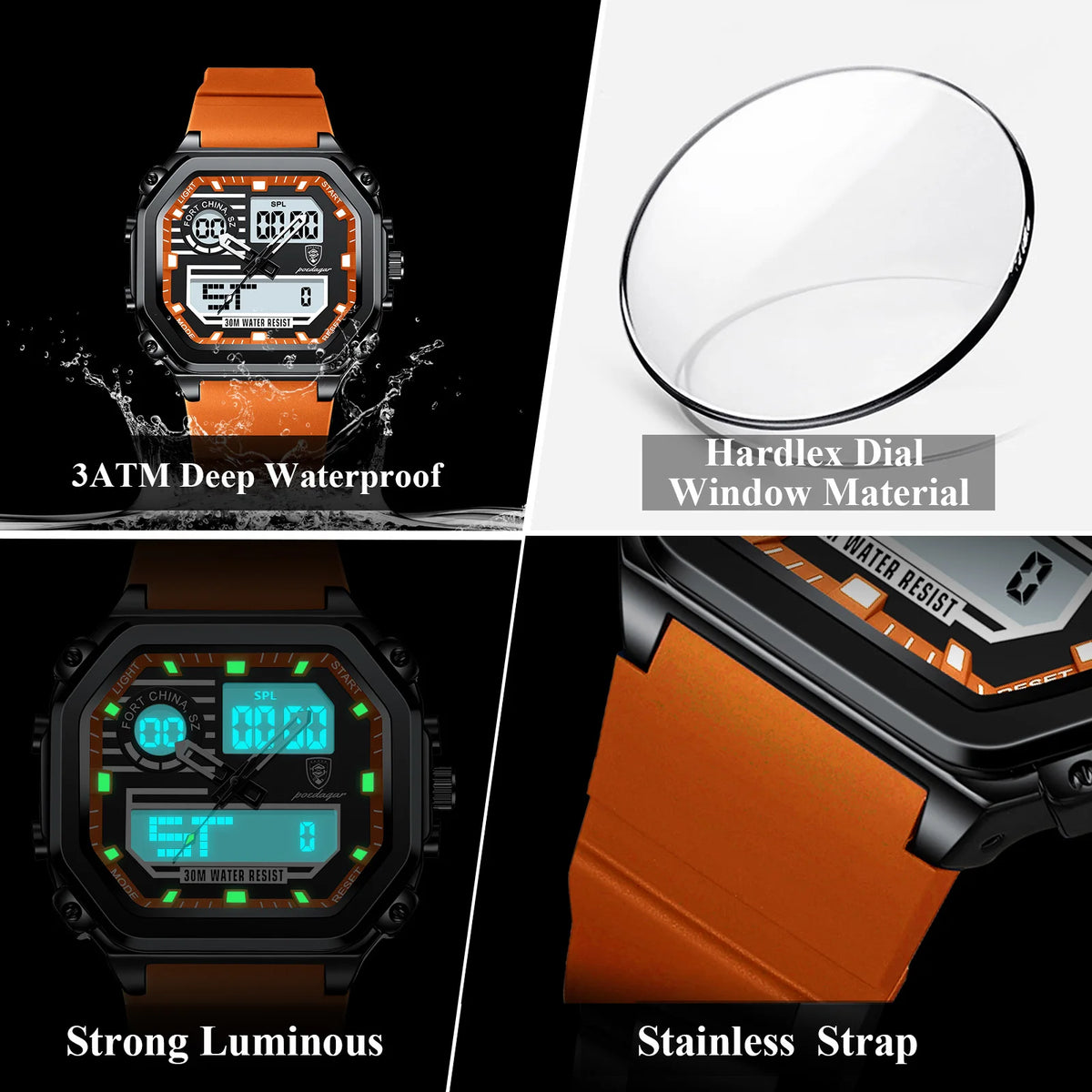 Poedagar 993 Men Digital Watch Silicone Strap Chronograph Waterproof Quartz Watches Sports Dual Display Luminous Reloj Hombre