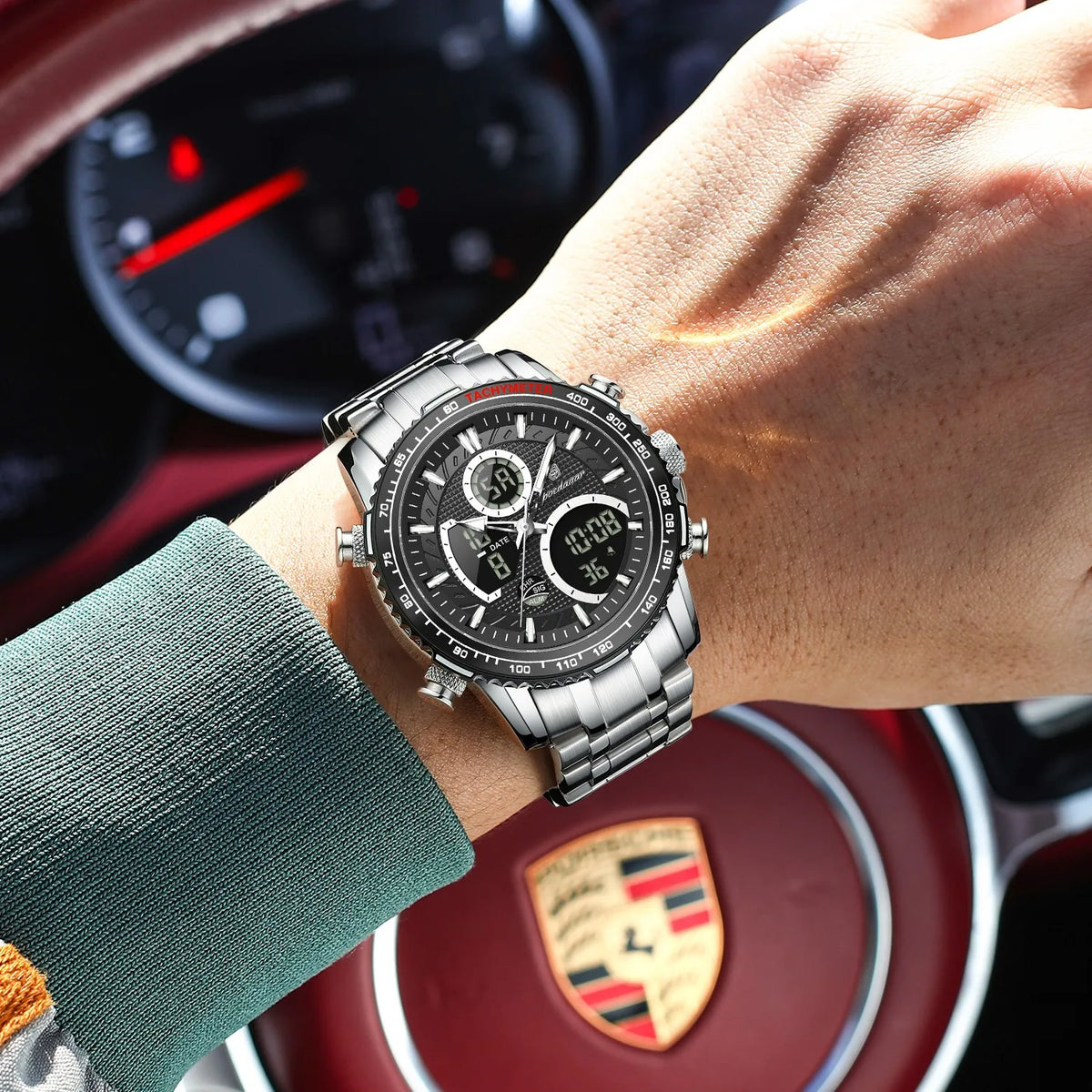 Poedagar E127 Men's Watch Sports Analog-Digital Waterproof Watch Dual Display Luminous Reloj Luxury Stainless Steel Quartz Watch