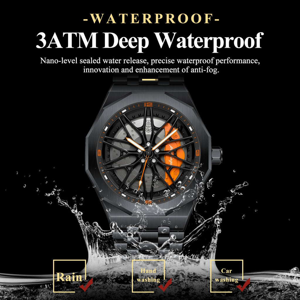 Poedagar 809 Mens Quartz Watch 3D Rotating Car Wheel Hub Stainless Steel Band Sports Wristwatch for Men Wholesale Ready to Ship