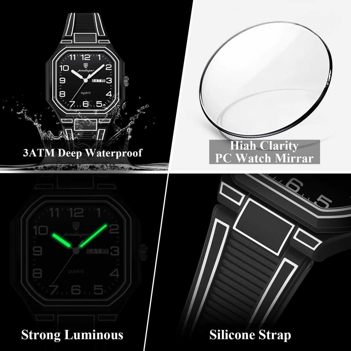 Poedagar 608 Mens Minimalist Watch Quartz Sport Daily Wear Luminous Waterproof Silicone Teenagers Anime Style Montre Homme