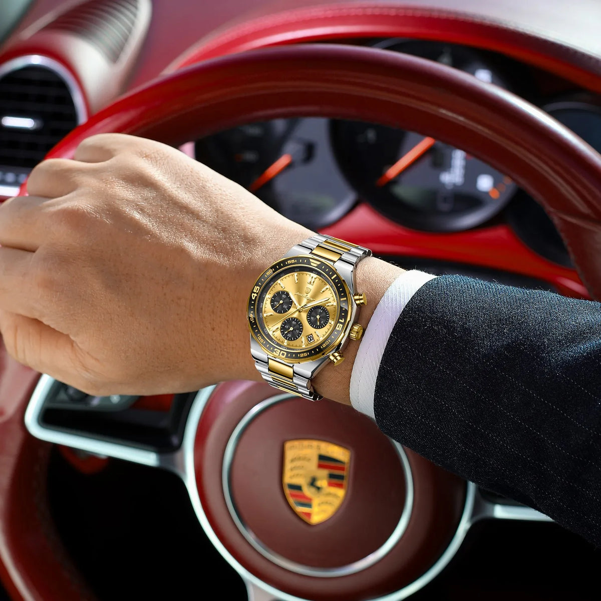 Poedagar 697 Two-Tone Gold Men's Watch Luxury Business Sport Chronograph Tachymeter Luminous Date Waterproof Montre Homme