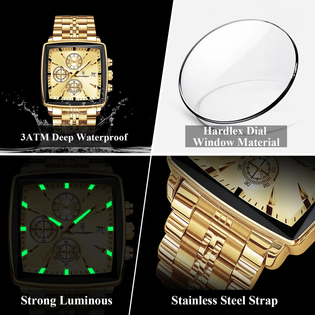 Poedagar 866 Luxury Men Watch All Gold Tone Square Chronograph Stainless Steel Luminous Waterproof Business Montre Wristwatch