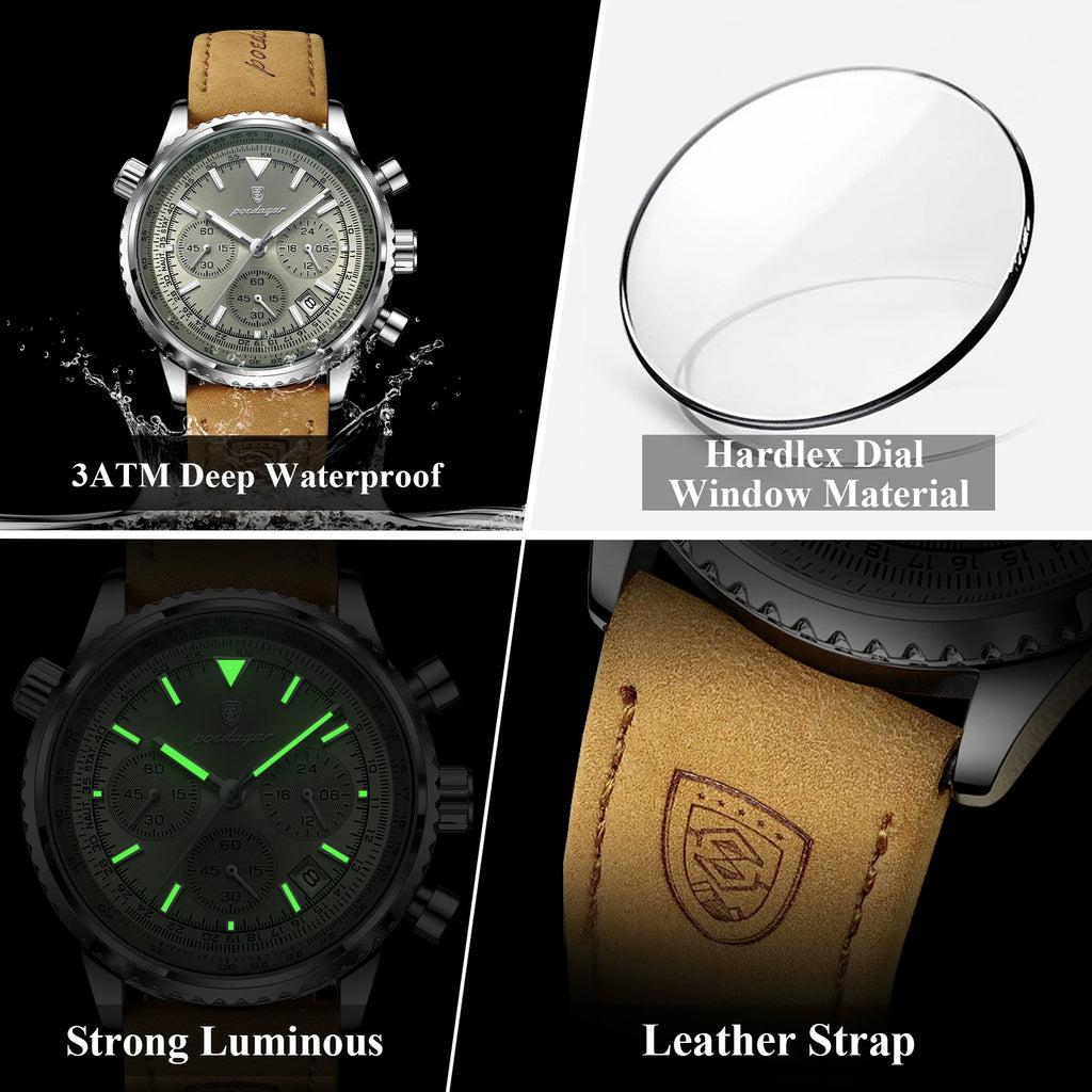 Poedagar 960 Luxury Mens Watch Fashion Luminous Leather Strap Quartz Watches Business Waterproof Chronograph Watch for Men Reloj
