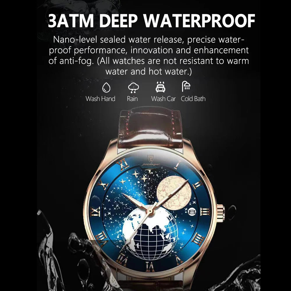 Poedagar Fashion Starry Sky Men Watch Wrist High Quality Waterproof Leather Quartz Watches Luminous Date Sport Watch for Men