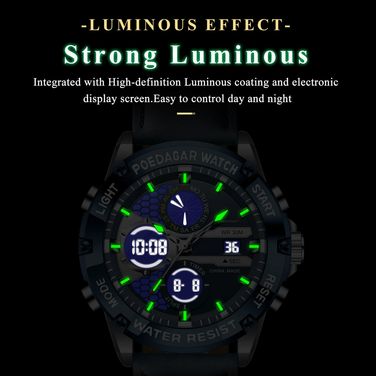 POEDAGAR E125 Men Quartz Watch Dual Display Digital Analog Luminous Leather Strap Sports Wristwatch