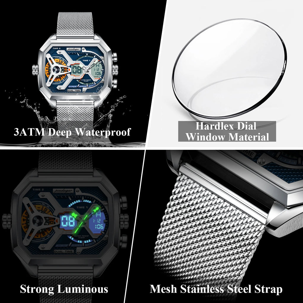 Poedagar Luxury Square Wrist Watch for Men Stainless Steel Mesh Strap Quartz Watches Waterproof Chronograph Mens Watch